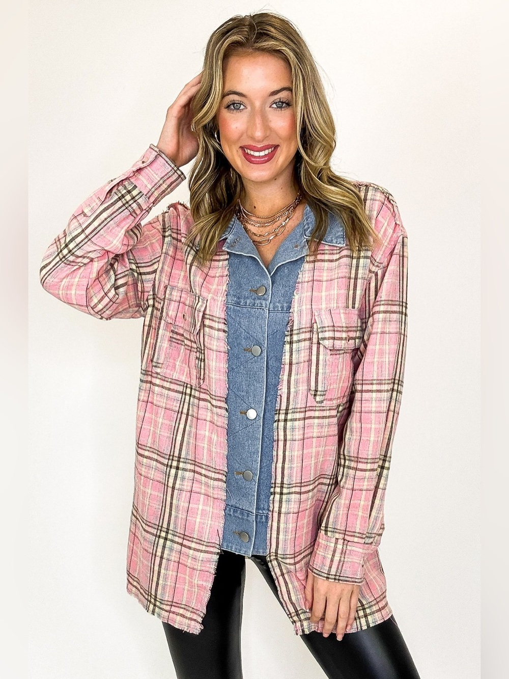 White Birch Kensington Denim and Plaid Contrast Button-Down Shacket XL